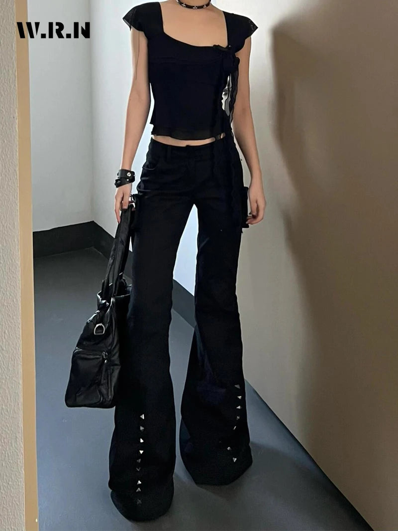 Hight Street Sheath High Waist Flared Jeans Black Kpop Retro Y2K Harajuku Pants Women's Vintage Slim 2000s Skinny Denim Trouser