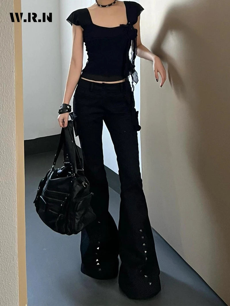 Hight Street Sheath High Waist Flared Jeans Black Kpop Retro Y2K Harajuku Pants Women's Vintage Slim 2000s Skinny Denim Trouser