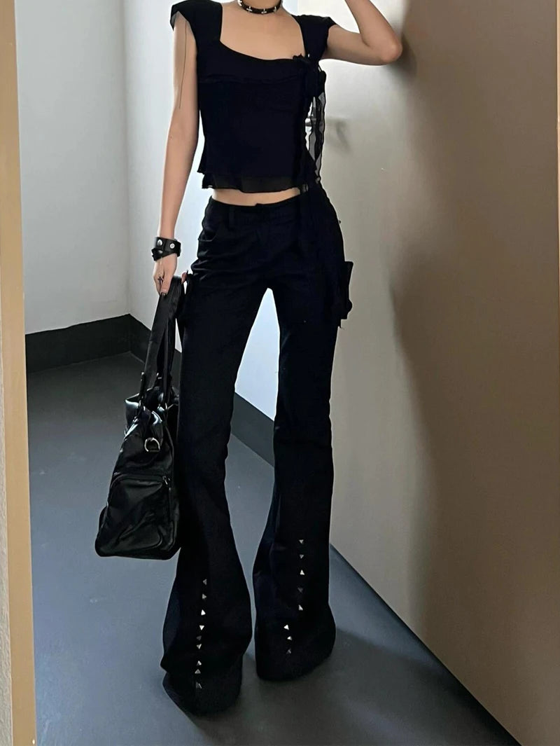 Hight Street Sheath High Waist Flared Jeans Black Kpop Retro Y2K Harajuku Pants Women's Vintage Slim 2000s Skinny Denim Trouser