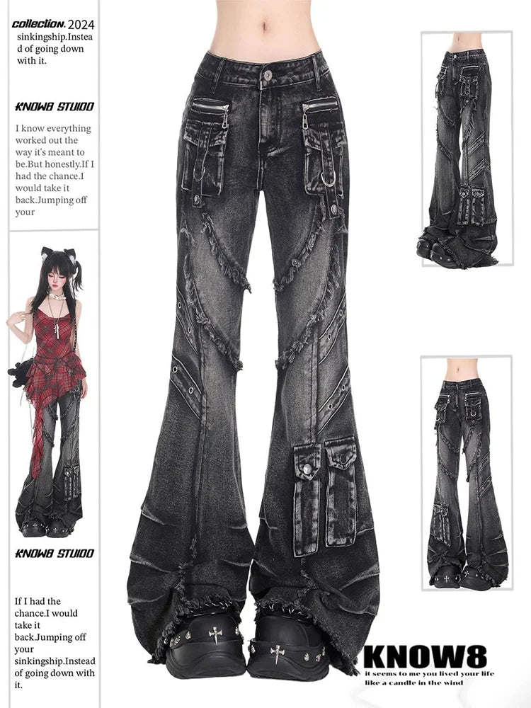 Women's Black Gothic Cargo Baggy Jeans Y2K American High Street 2000S Harajuku Aesthetic Vintage Jeans Pants Trousers Clothing
