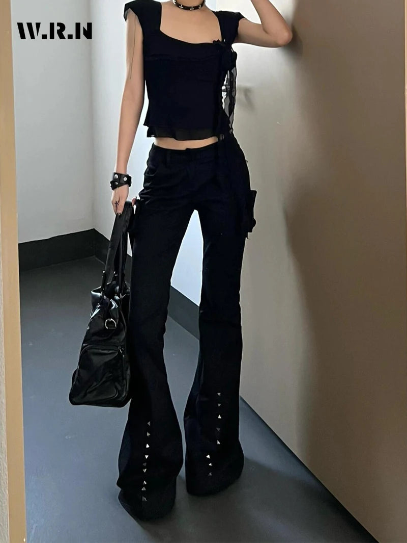 Hight Street Sheath High Waist Flared Jeans Black Kpop Retro Y2K Harajuku Pants Women's Vintage Slim 2000s Skinny Denim Trouser