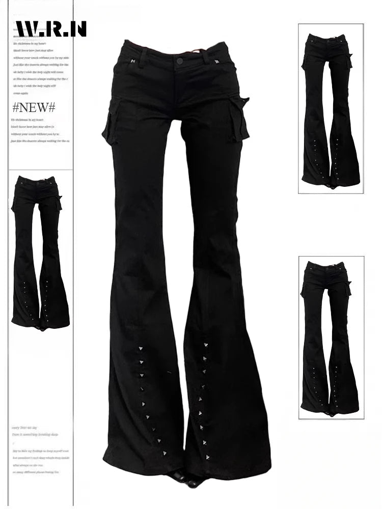 Hight Street Sheath High Waist Flared Jeans Black Kpop Retro Y2K Harajuku Pants Women's Vintage Slim 2000s Skinny Denim Trouser